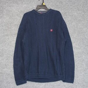 Chaps Ralph Lauren Mens Blue Cotton Hand Framed Herringbone Knit Sweater L
